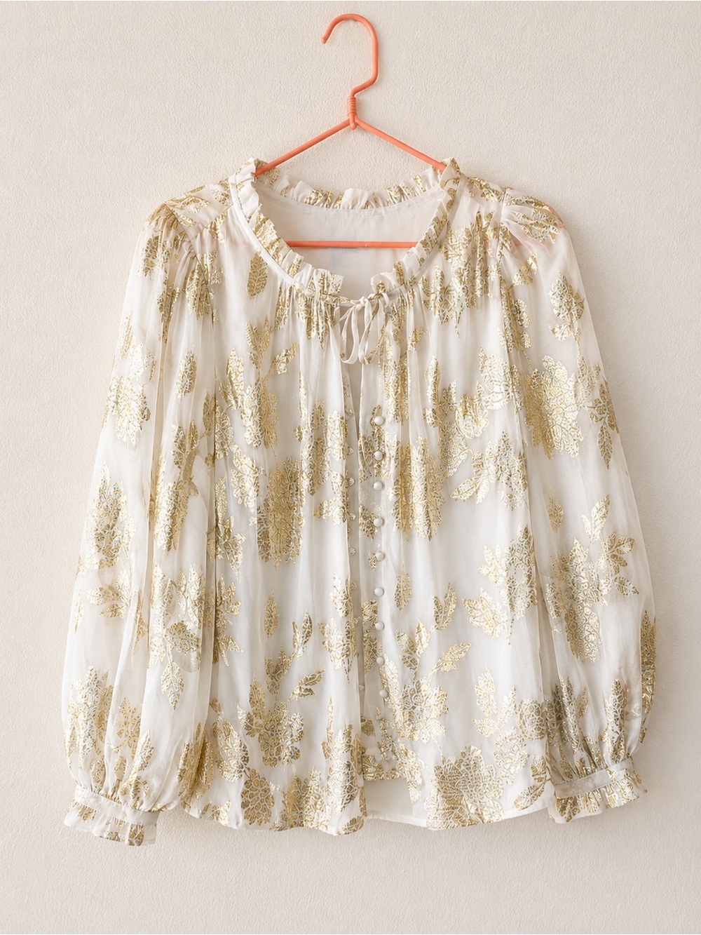 Talbots White Sheer Blouse with Gold Metallic Floral